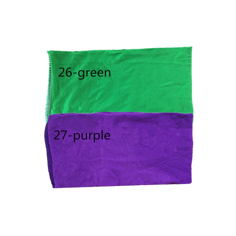 Puede incluir: Dos muestras de tela, una verde y otra morada. La muestra verde tiene el texto "26-green" y la muestra morada tiene el texto "27-purple".
