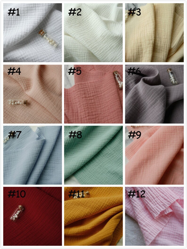 May include: Twelve fabric swatches in a range of colours, such as white, cream, pink, blue, and yellow. Each swatch is displayed with a small glass vial containing white beads. The fabrics have a textured, crinkled appearance.