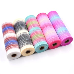 May include: Five rolls of decorative mesh ribbon in various colors. The rolls include red, white, and blue stripes; black and cream stripes; and pink, blue, and green stripes. The rolls are made of a woven material and are suitable for crafts.