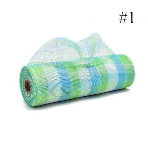May include: A roll of green, blue, and white checkered mesh ribbon. The ribbon is 10 inches wide and is perfect for crafting and decorating.