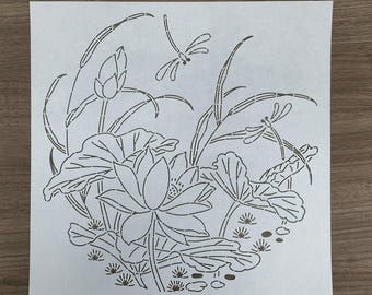 Sashiko Stencil,Sashiko embroidery pattern,Quilt stitch mold,35*35cm/14*14 inch,Dragonfly on lotus leaf,pillow pattern
