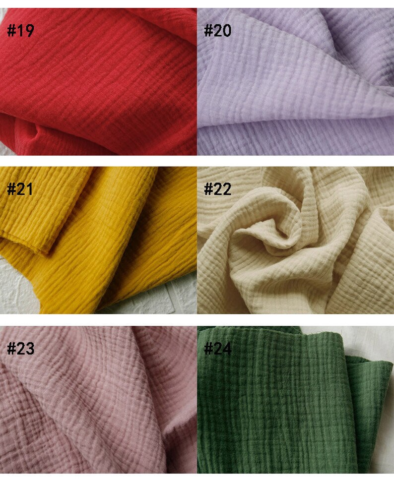 May include: Six fabric swatches in a range of colours are displayed. The colours include red, lavender, mustard, cream, pink, and dark green. Each swatch is labelled with a number from #19 to #24.