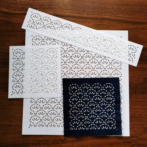 Plantilla Sashiko, patrón de bordado Sashiko, molde de puntada estilo japonés, molde de puntada de edredón, geometría, patrón ondulado, patrón de posavasos, 3 tamaños