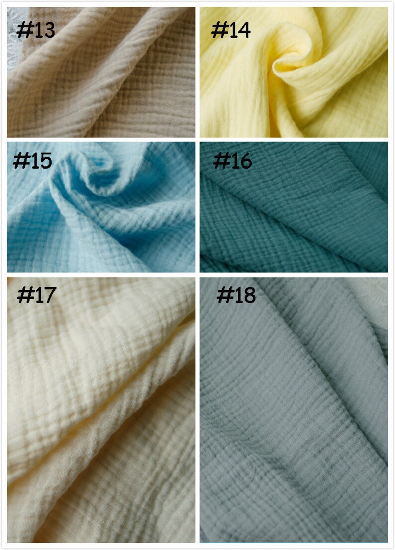 May include: A selection of six fabric swatches in different colours. The colours are beige (#13), yellow (#14), light blue (#15), teal (#16), cream (#17), and grey-blue (#18). Each swatch is labelled with a number.