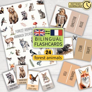 Zweisprachige Lernkarten Waldtiere – Montessori Lernmaterial für Kinder | Englisch Französisch Lernkarten | Ausdruckbar + Jeu Mémo + Poster