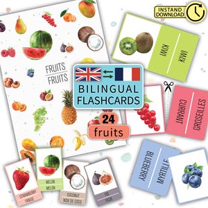 Flashcards bilíngues de frutas – Material de aprendizagem Montessori para crianças | Flashcards inglês-francês | Jogo de Memorização + Cartaz para Imprimir