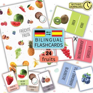 Könnte beinhalten: Ein Satz von 24 zweisprachigen Lernkarten mit Aquarell-Illustrationen von Früchten. Die Lernkarten enthalten deutsche und spanische Namen für jede Frucht. Der Text auf den Lernkarten lautet "FRÜCHTE FRUTA BILINGUAL FLASHCARDS 24 fruits".
