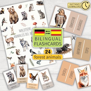 Bilinguale Lernkarten Waldtiere – Montessori Lernmaterial Kinder | Deutsch Spanisch Karteikarten | Zum Ausdrucken + Juego de Memoria +Poster