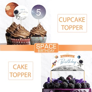 Space Birthday Cupcake Toppers & Cake Toppers | Outer Space Party Decorations | Rocket Ship and Astronaut Themed Party
