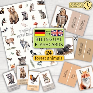 Bilinguale Lernkarten Waldtiere – Montessori Lernmaterial Kinder | Deutsch Englisch Karteikarten | Zum Ausdrucken + Memory Spiel + Poster