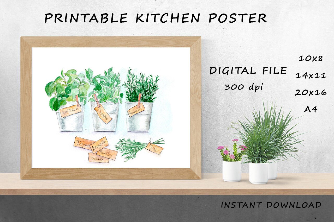 Kitchen Herbs Prints, Printable Watercolor Kitchen Poster, Hand Drawn ...