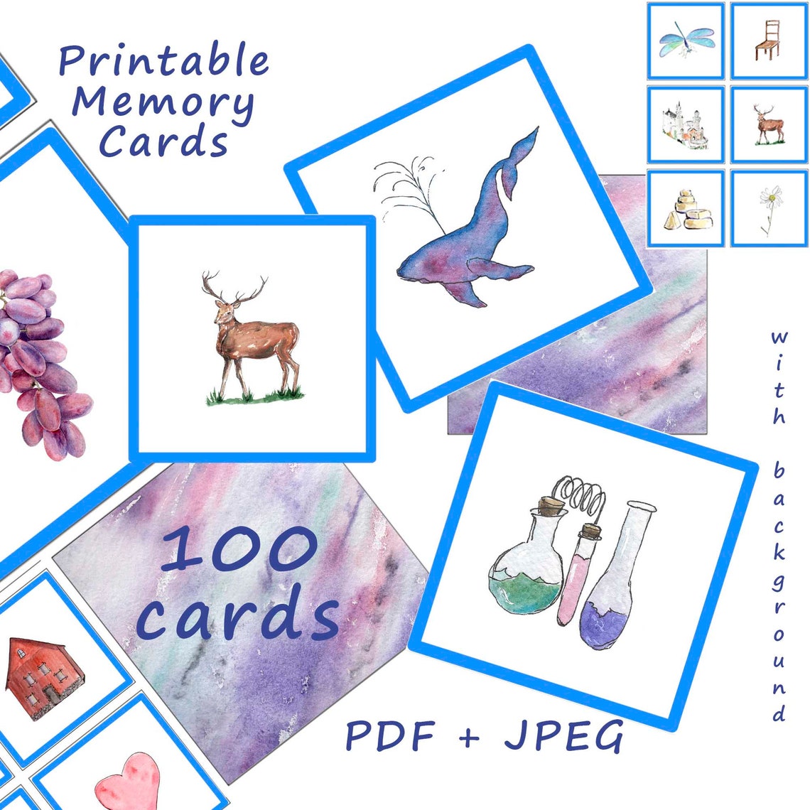 100 Printable Memory Cards, Digital Cards, Party Game, Instant PDF