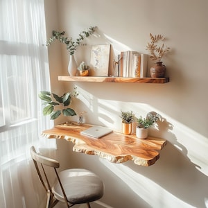 Handmade Rustic Wood Floating Wall Mounted Study Desk Wall Hanging Table Unique Desk Table Home Office Live Edge Desk Shelf Mother Gift