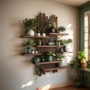 Handcrafted Solid Wood Wall Panel Shelf Floating Plant Display Rack Live Edge Rustic Hanging Bookshelf Living Room Decor