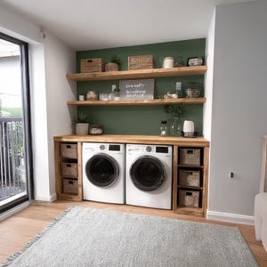 Custom Laundry Furniture Solid Wood Laundry Cabinet Shelving Organizer Folding Table Wall Shelf Set Wooden Folding Table Decor Home Gift