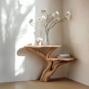 Console Table With 2-Tier Custom Table Solid Wood Natural Tree Trunk Natural Color Vintage Style Office Decoration Family Gift
