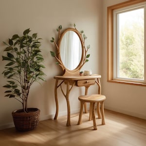Handcrafted Solid Wood Vanity Table Mirror Frame Rustic Tree Branch Makeup Desk Wooden Dressing Table Bedroom Decor