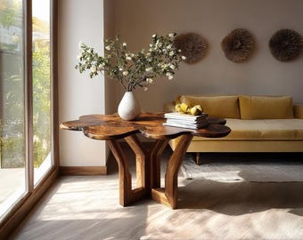Handcrafted Live Edge Coffee Table Solid Wood Tree Shape Table Modern Rustic Living Room Furniture Unique Tree Shape Slab Table Decor Gift