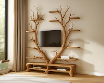 Estante de pared de rama de árbol hecho a mano, estantería flotante, soporte de TV minimalista, estante rústico de árbol de mediados de siglo, decoración del hogar, regalo para sala de estar