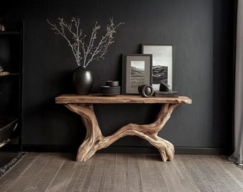 Consola de borde vivo hecha a mano, mesa de entrada rústica de madera maciza, muebles de madera flotante natural, pasillo moderno, decoración única de mesa de madera, regalo