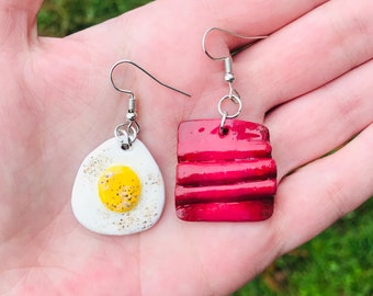 Breakfast Earrings, Bacon & Eggs Earrings, Food Jewelry, Mismatched Clay Earrings, Cute Food Earrings