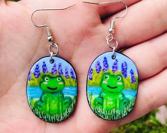 Frog Earrings, Cute Frog Jewelry, Handmade Frog Gifts, Hand Painted Frog Earrings