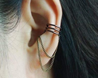 Bronze Color Ear Cuff with Chain,No Piercing Cartilage Ear Cuff,No Piercing Cartilage Ear Cuff,Cartilage earring, Fake conch piercing