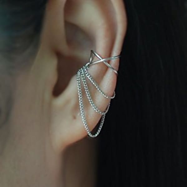 Ear Cuff, 20 gauge Cross X ear cuff with 3 Chains,No Piercing Cartilage Ear Cuff, Ear Jacket,Ear Wrap,Cartilage earring, Fake conch piercing