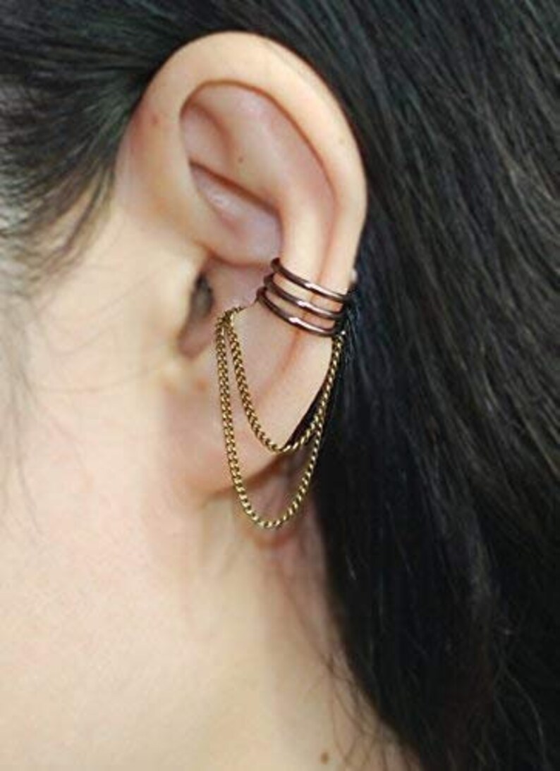 Bronze Color Ear Cuff With Chain,no Piercing Cartilage Ear Cuff,no