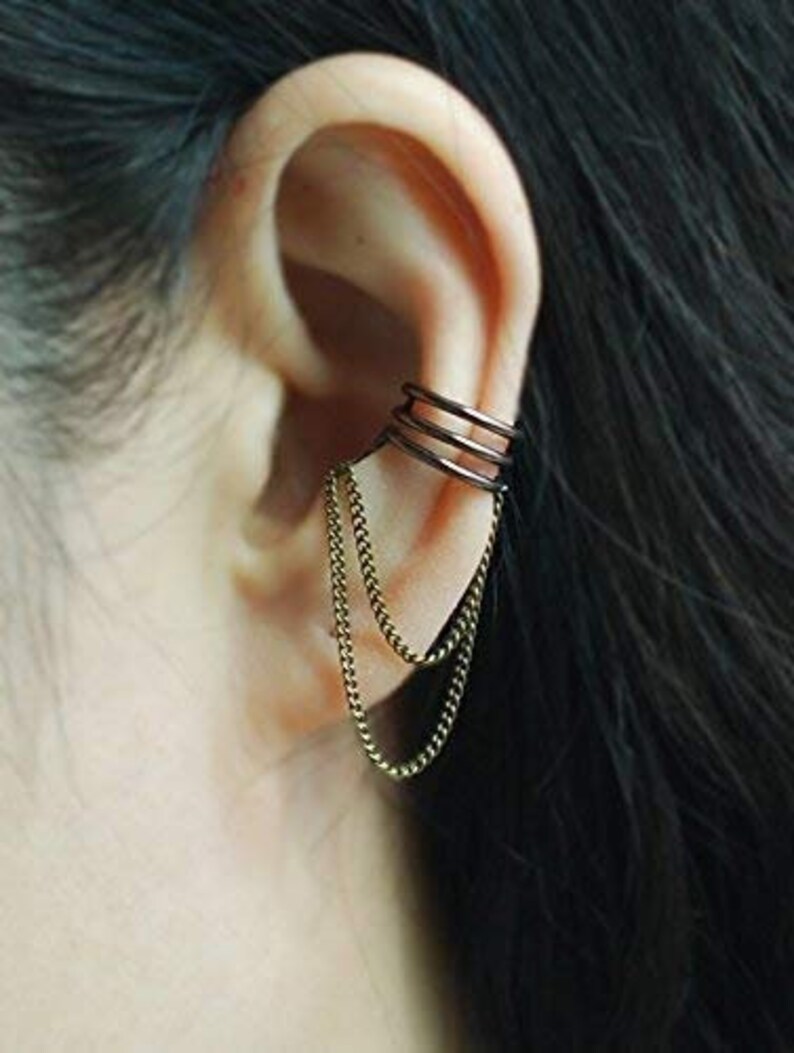 Bronze Color Ear Cuff With Chain,no Piercing Cartilage Ear Cuff,no