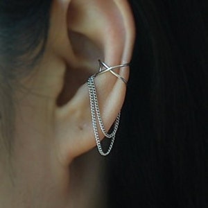 Ear Cuff, 20 gauge Cross X ear cuff with 2 Chains,No Piercing Cartilage Ear Cuff, Ear Jacket,Ear Wrap,Cartilage earring, Fake conch piercing