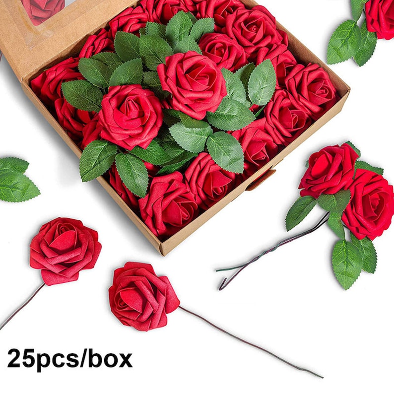 Artificial Flowers 25 Pcs Fake Red Roses Foam Roses With Stems Etsy