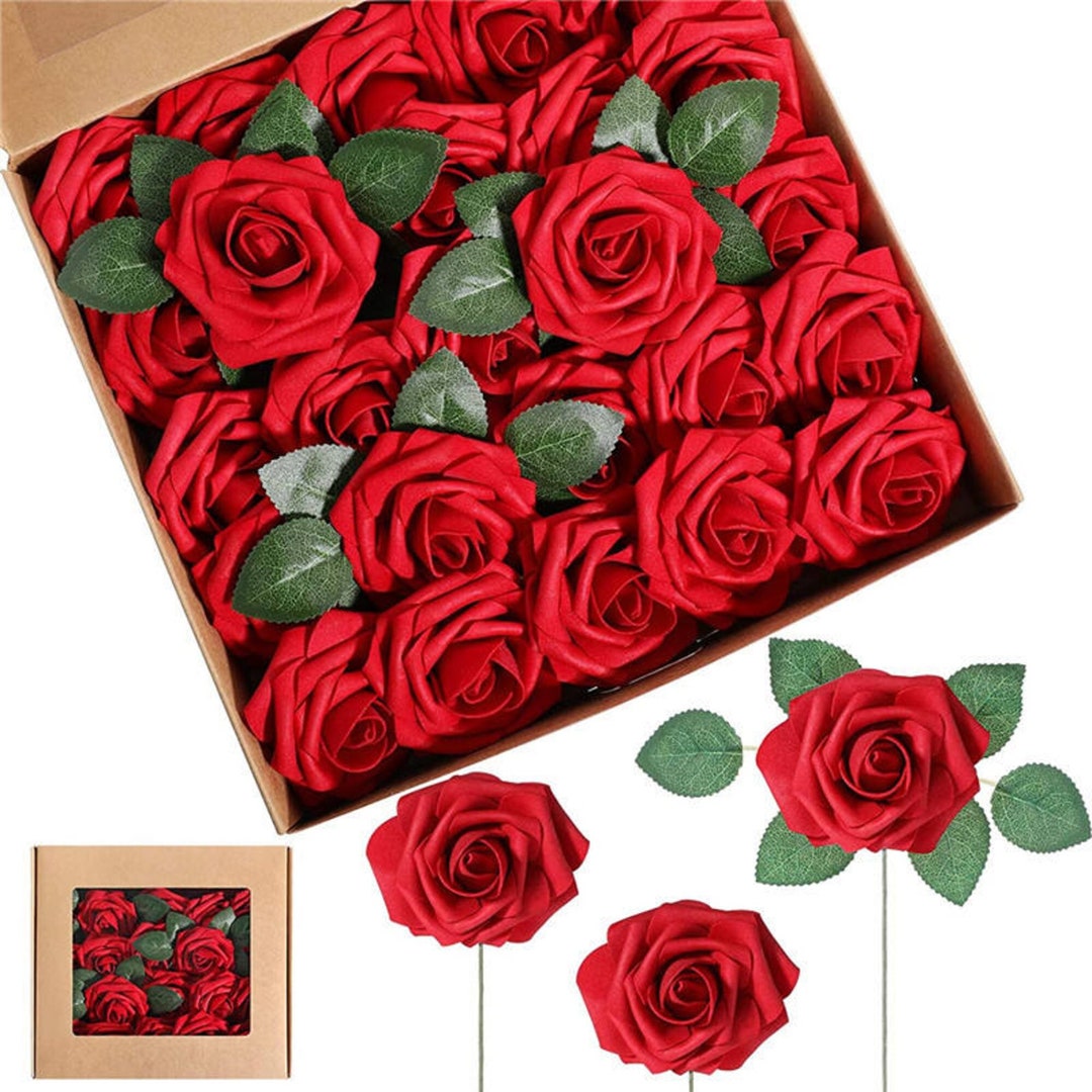 Artificial Flowers 25 Pcs Fake Red Roses Foam Roses With Stems Etsy