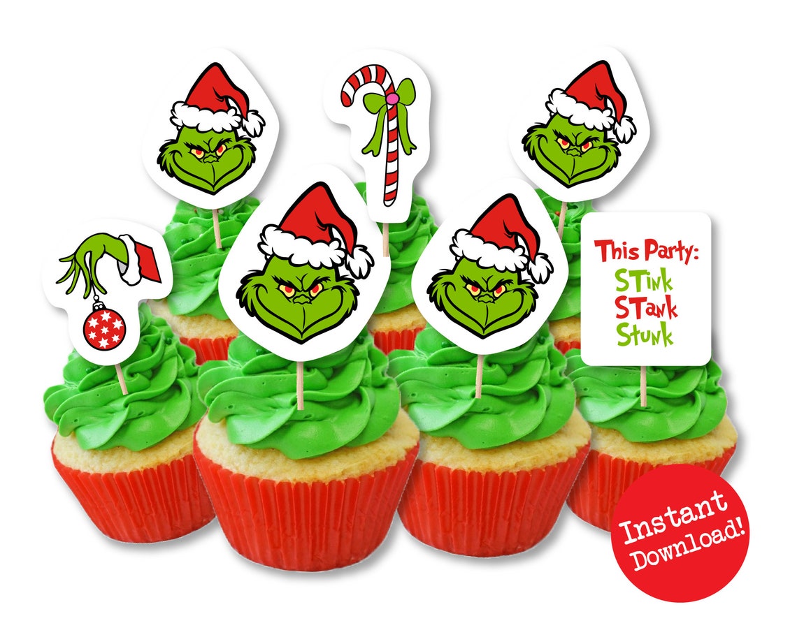Grinch Cupcake Toppers Grinch Christmas Party Grinch Cake Etsy