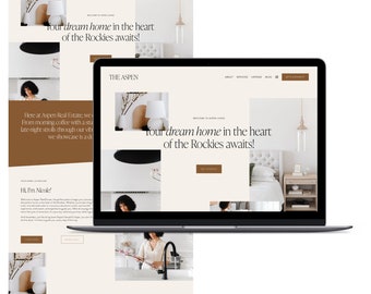 Puede incluir: La página de inicio de un sitio web de bienes raíces llamado The Aspen. El sitio web presenta un collage de imágenes de casas e interiores, con el texto "¡Tu casa de ensueño en el corazón de las Montañas Rocosas te espera!" mostrado de forma prominente. El sitio web también incluye un botón de llamada a la acción que dice "Let's Connect."