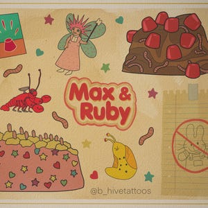 Puede incluir: Una ilustración colorida con Max & Ruby, un dúo de conejos de dibujos animados. La imagen incluye un pastel de cumpleaños con velas, una langosta, un caracol, un hada, un montón de caramelos de gelatina y una señal de prohibido el paso con un conejo.