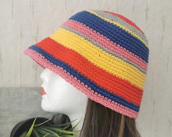Crochet ladies hat, brimmed hat, womens hats, beautifully styled hats, multicolor hat, crochet bucket hat, bucket hat, striped hat