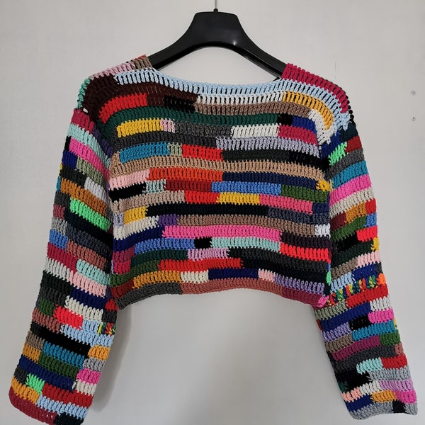 Häkel Pullover,langarm Pulli,multicolor Frauen Top,handgehäkelt,Vintage Stil,Mehrfarbiger Cropped,Kurzpullover,colorblock