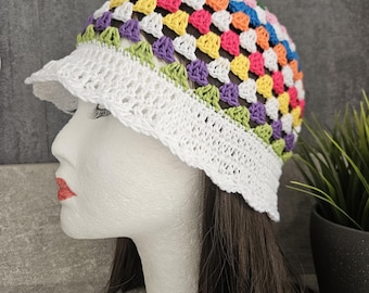 Crocheted women's hat, multicolored brimmed hat, crocheted summer hat, crocheted spring hat, cotton, airy beanie, colorful chemo hat
