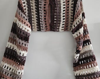 Cotton mesh sweater, crocheted top, beige-brown cropped, crocheted mesh sleeves, arm scarf, shrug, mesh top, handmade shrug, net top