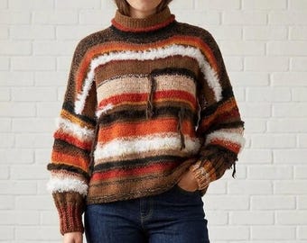 Handmade warm sweater, women's long-sleeved patchwork pullover, multicolor sweater, hand-knitted, multicolored oversized turtleneck sweater