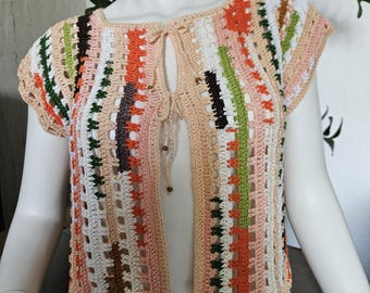 Crocheted sleeveless sweater, summer vest, handmade mesh vest, loopy vest, hippie boho tops, crocheted sweater vest, crop top, bikini top