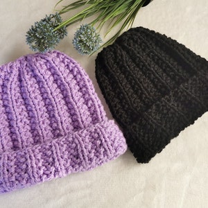 Beanie unisex, black hat, handmade, knitted hat, men&#39;s crochet beanie, purple hat, winter hat ski women men children