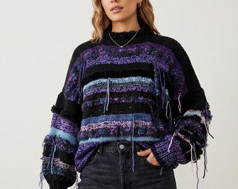 Handmade warm sweater, long-sleeved patchwork sweater, multicolor sweater, hand-knitted, multicolored women's sweater, oversized sweater
