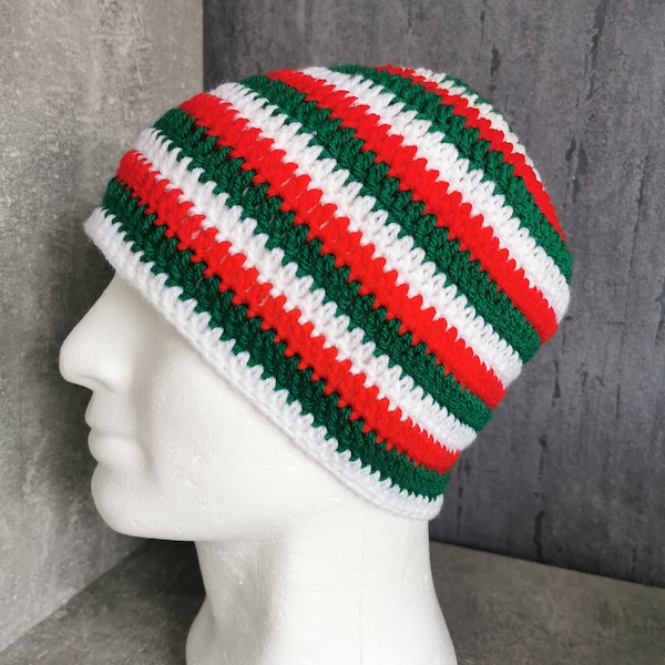 Häkelmütze, Gehäkelte Mütze, Rot-Grün-Weiß, Unisex Beanie, Heren Mütze ,Frauen Mütze