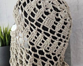 Crocheted balaclava in beige, crocheted net balaclava, headwear, handmade hood, festival balaclava, crochet floral lace hood