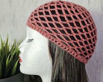 Glittering skull cap, crocheted dusty rose hat, boho crochet hat, Agnetha glitter crochet hat, ABBA style hat, fishnet hat, disco style