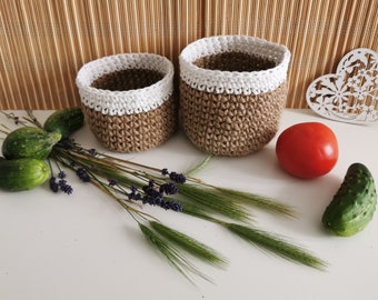 Jute Mand, Set-twee Jute Manden, Utensilo Rustic, Juta, Haak mand, Eko Mand, Natuur, Set van 2 Manden, Ronde mand, Jute Haakmand