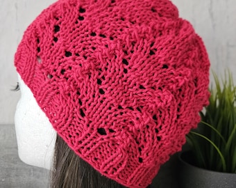 Summer hat, cotton, lightweight, airy, soft, hand-knitted, chemo hat, summer beanie, transitional hat, airy beanie, red, openwork pattern