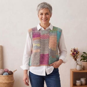 Puede incluir: Un chaleco de ganchillo sin mangas con un patrón de bloques multicolor en tonos rosa, azul, amarillo y gris. La prenda está confeccionada con un punto texturizado y se lleva sobre una camisa blanca de manga larga y unos vaqueros azules.